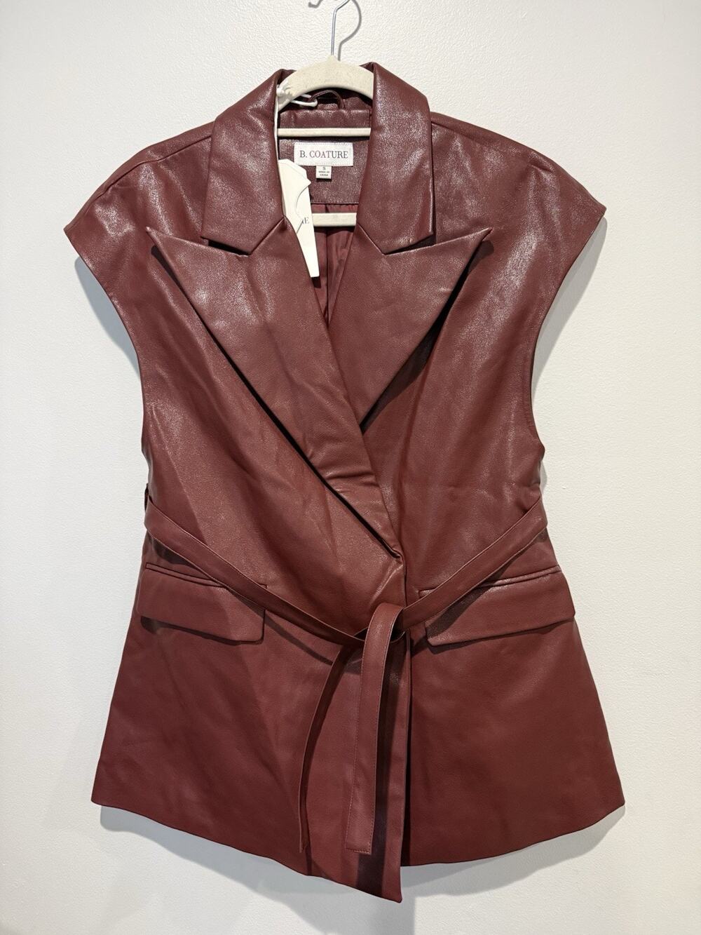 NWT B. Coature Sleeveless Brown/Red Faux Leather Blazer Vest Small Belted Moto